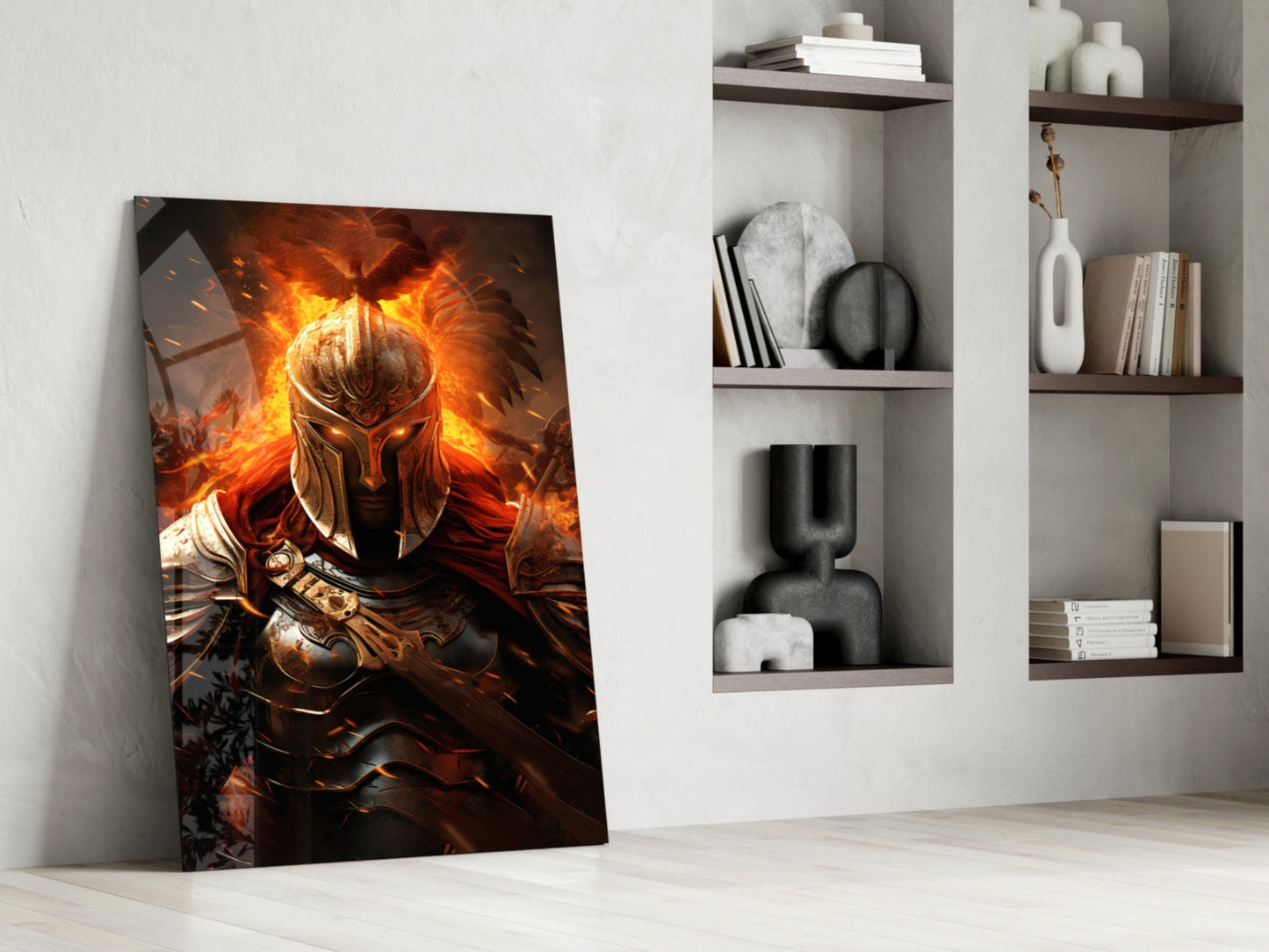 Fiery warrior glass wall art leaning against white wall beside wooden shelving with decorative objects.
