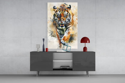 Watercolor Prowling Tiger Splash Glass Wall Art