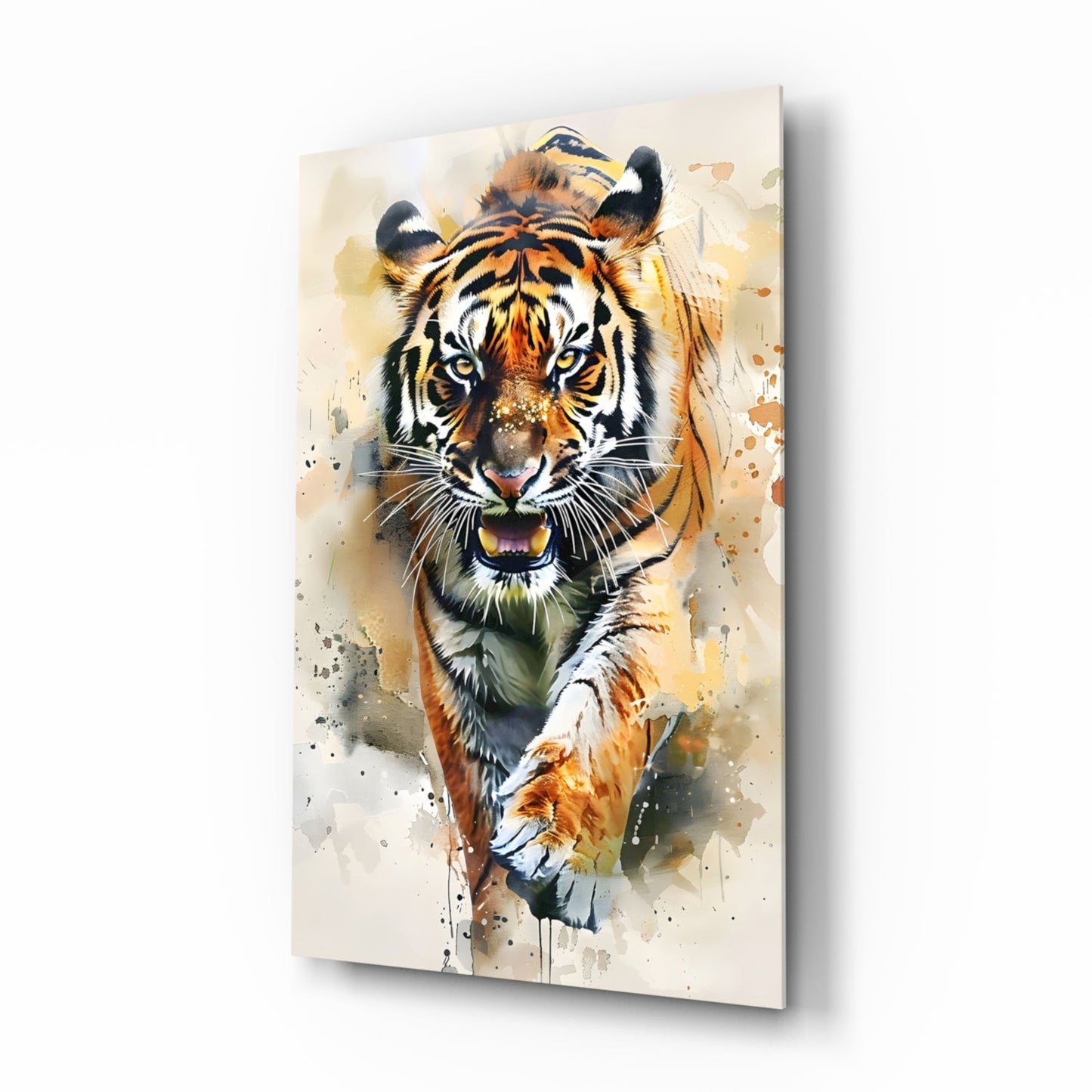 Watercolor Prowling Tiger Splash Glass Wall Art