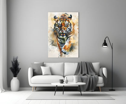 Watercolor Prowling Tiger Splash Glass Wall Art