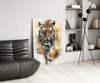 Watercolor Prowling Tiger Splash Glass Wall Art
