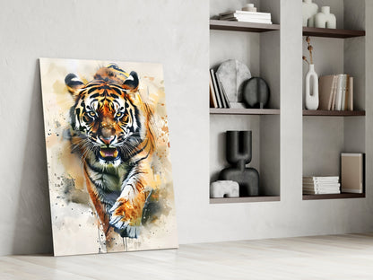 Watercolor Prowling Tiger Splash Glass Wall Art