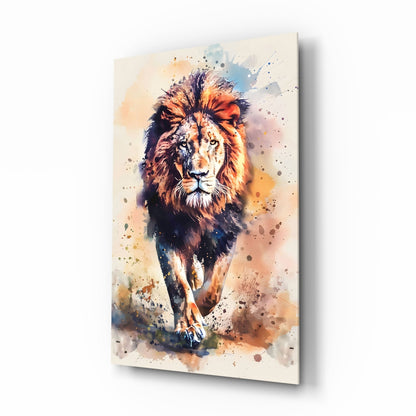 Watercolor Splash Walking Lion Glass Wall Art