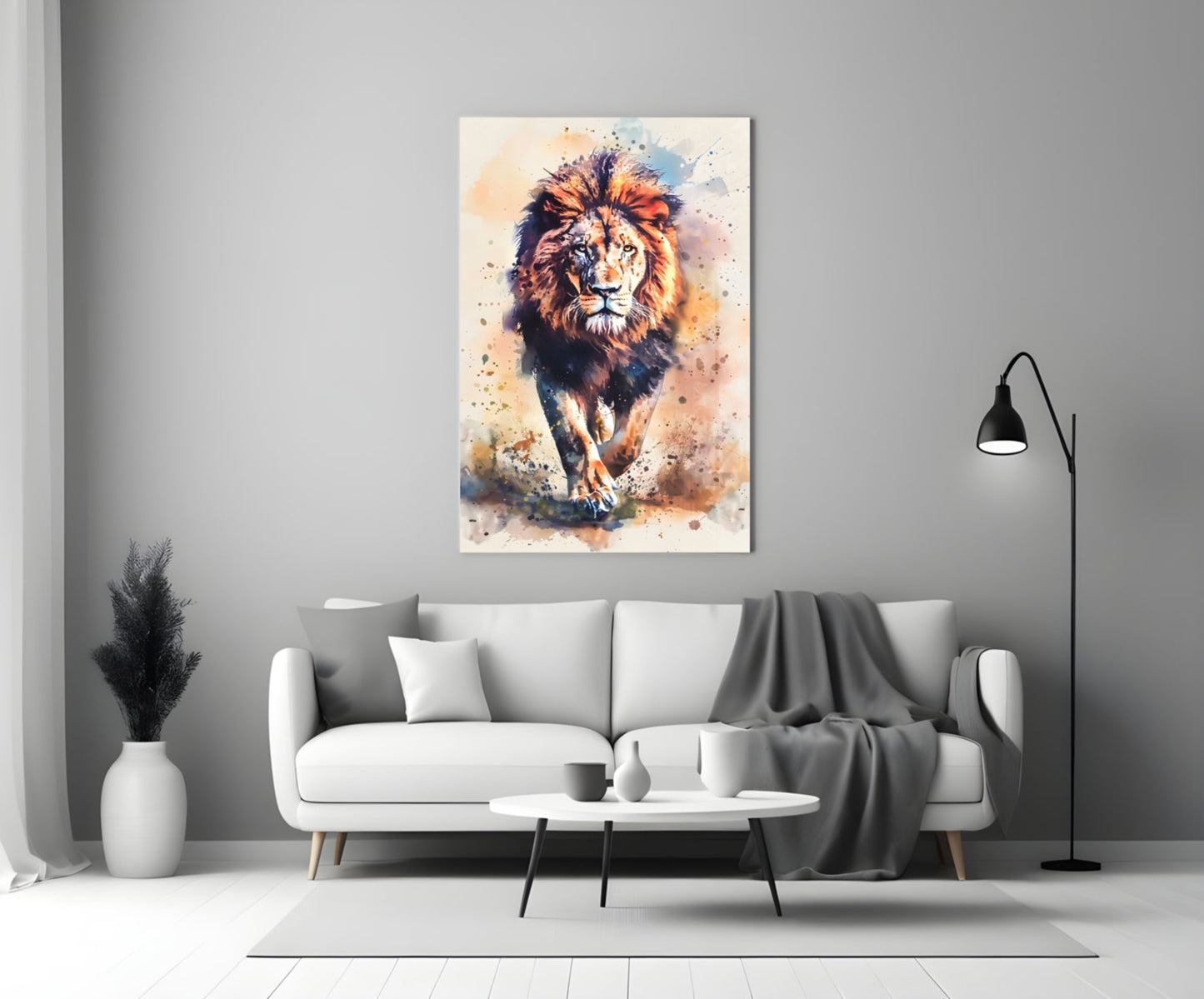 Watercolor Splash Walking Lion Glass Wall Art