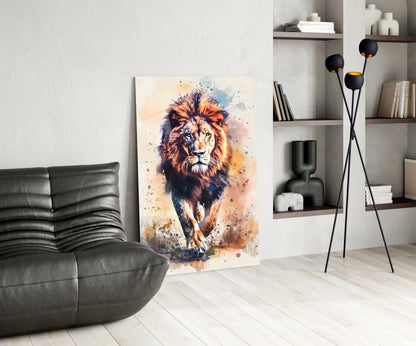 Watercolor Splash Walking Lion Glass Wall Art