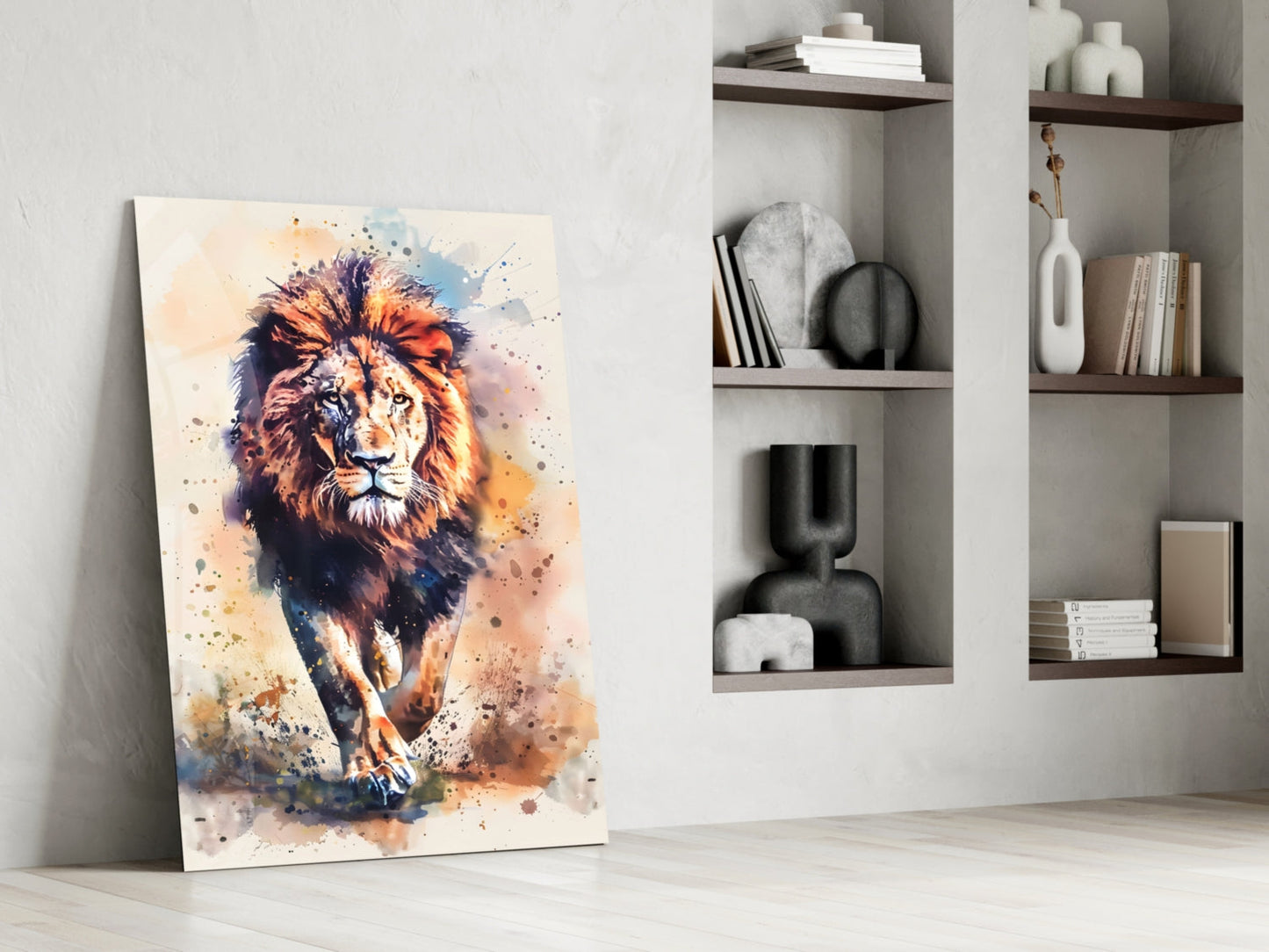 Watercolor Splash Walking Lion Glass Wall Art
