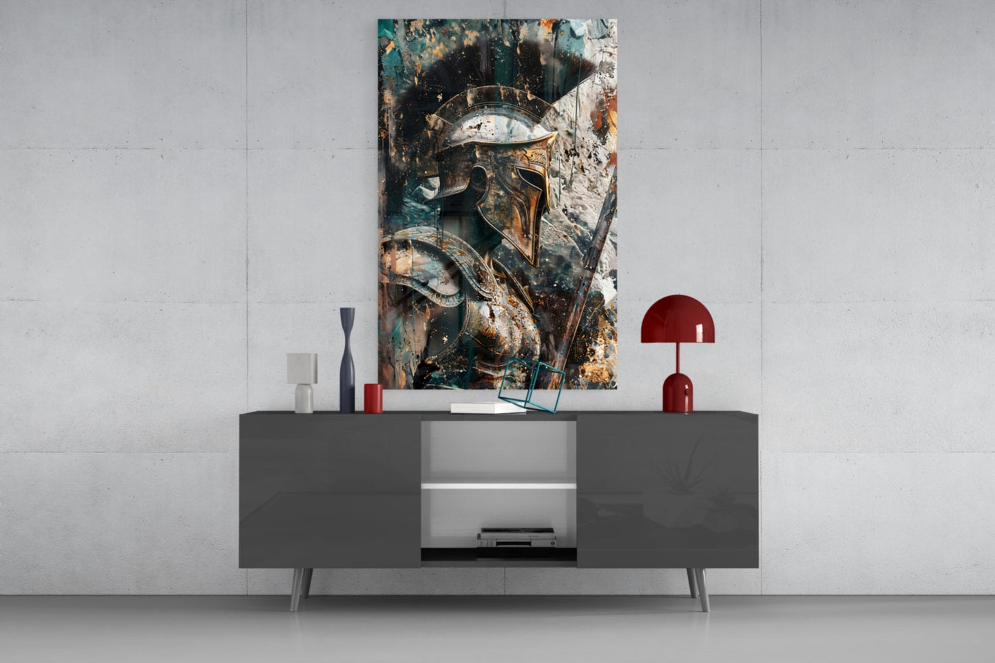 Teal Gold Spartan Helmet Glass Wall Art