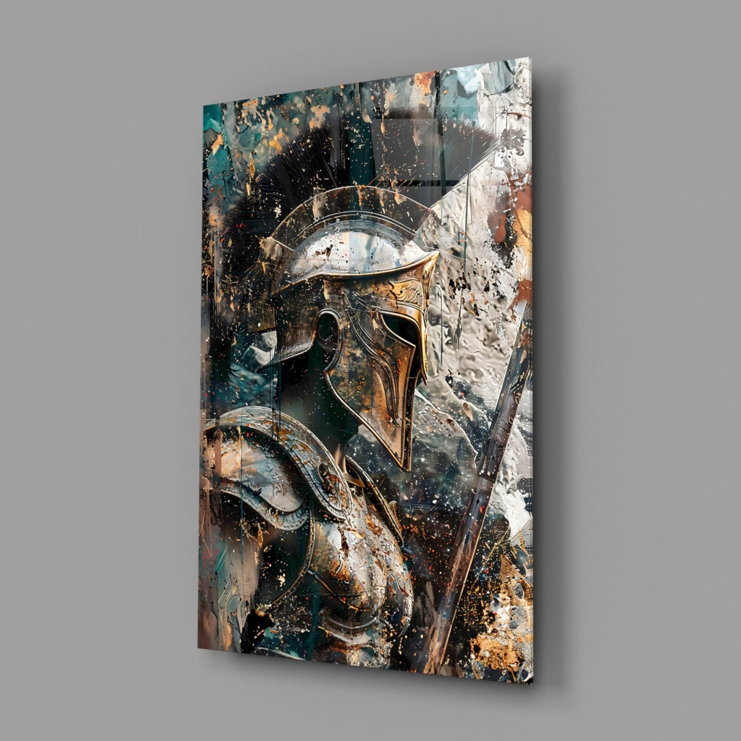Teal Gold Spartan Helmet Glass Wall Art