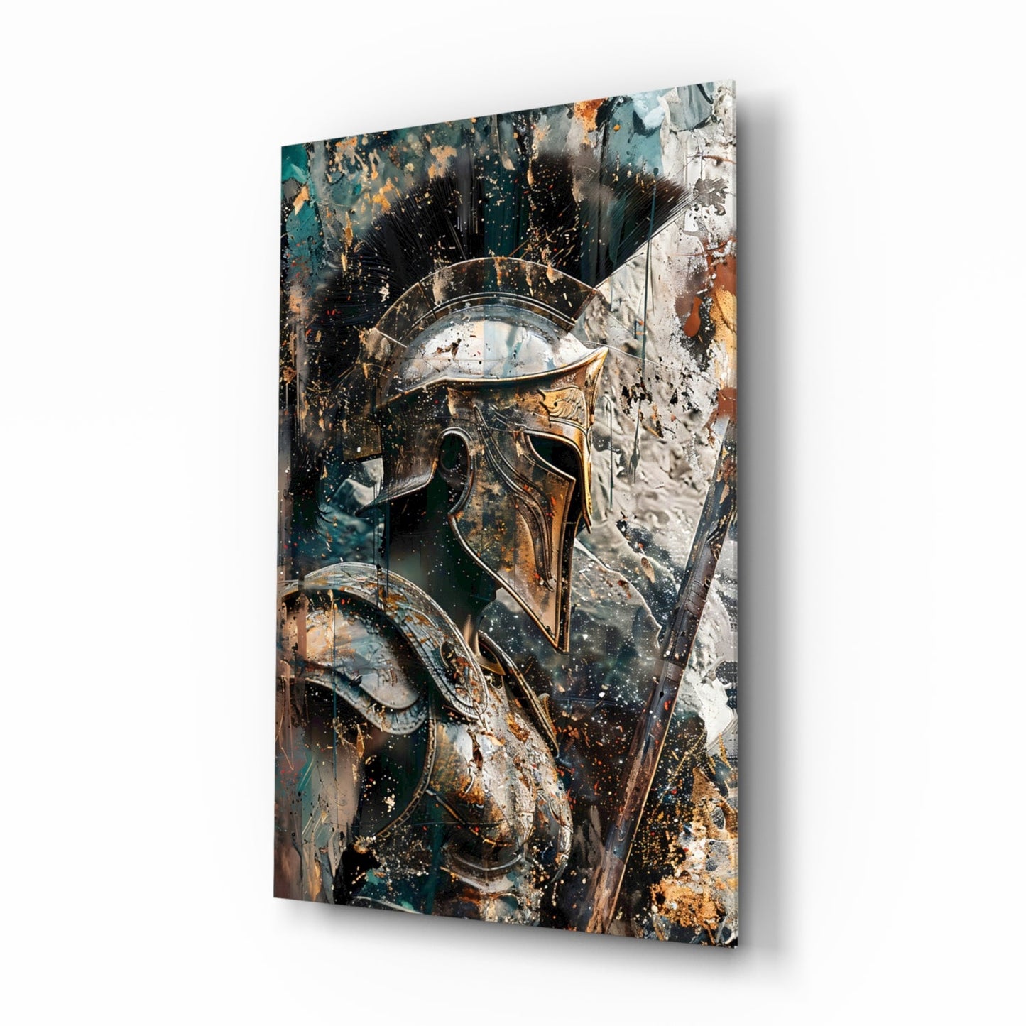 Teal Gold Spartan Helmet Glass Wall Art