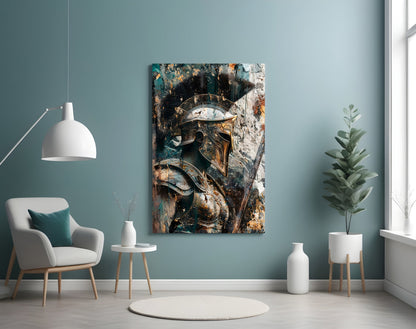 Teal Gold Spartan Helmet Glass Wall Art