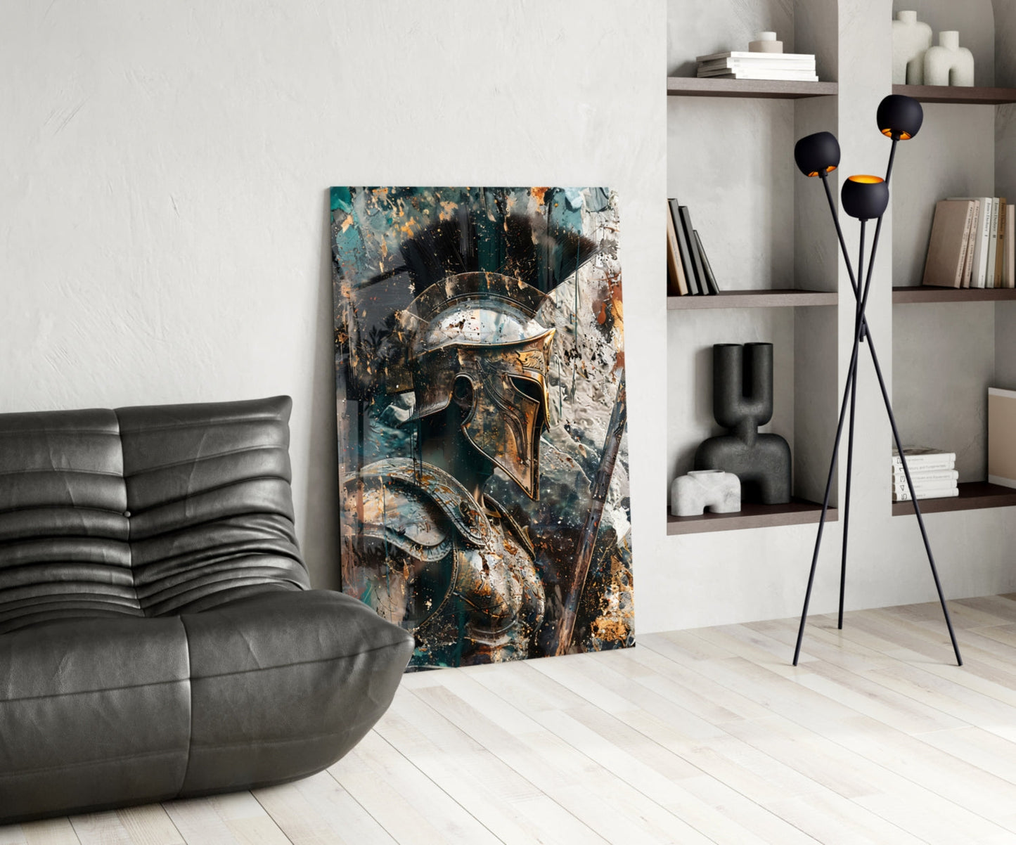 Teal Gold Spartan Helmet Glass Wall Art