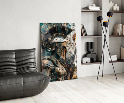 Teal Gold Spartan Helmet Glass Wall Art
