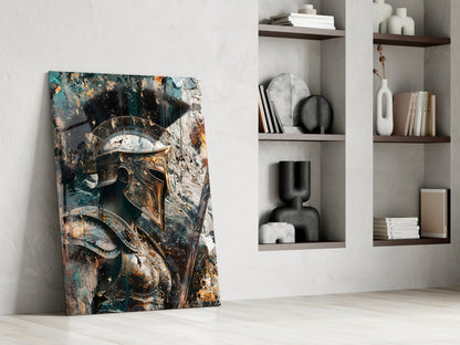 Teal Gold Spartan Helmet Glass Wall Art