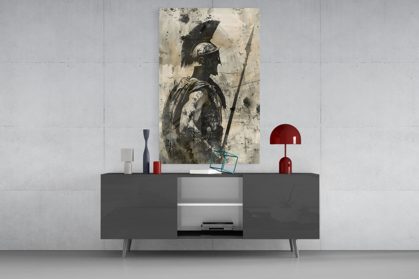 Sepia Spartan With Spear Glass Wall Art