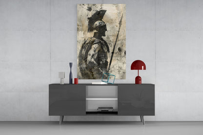 Sepia Spartan With Spear Glass Wall Art