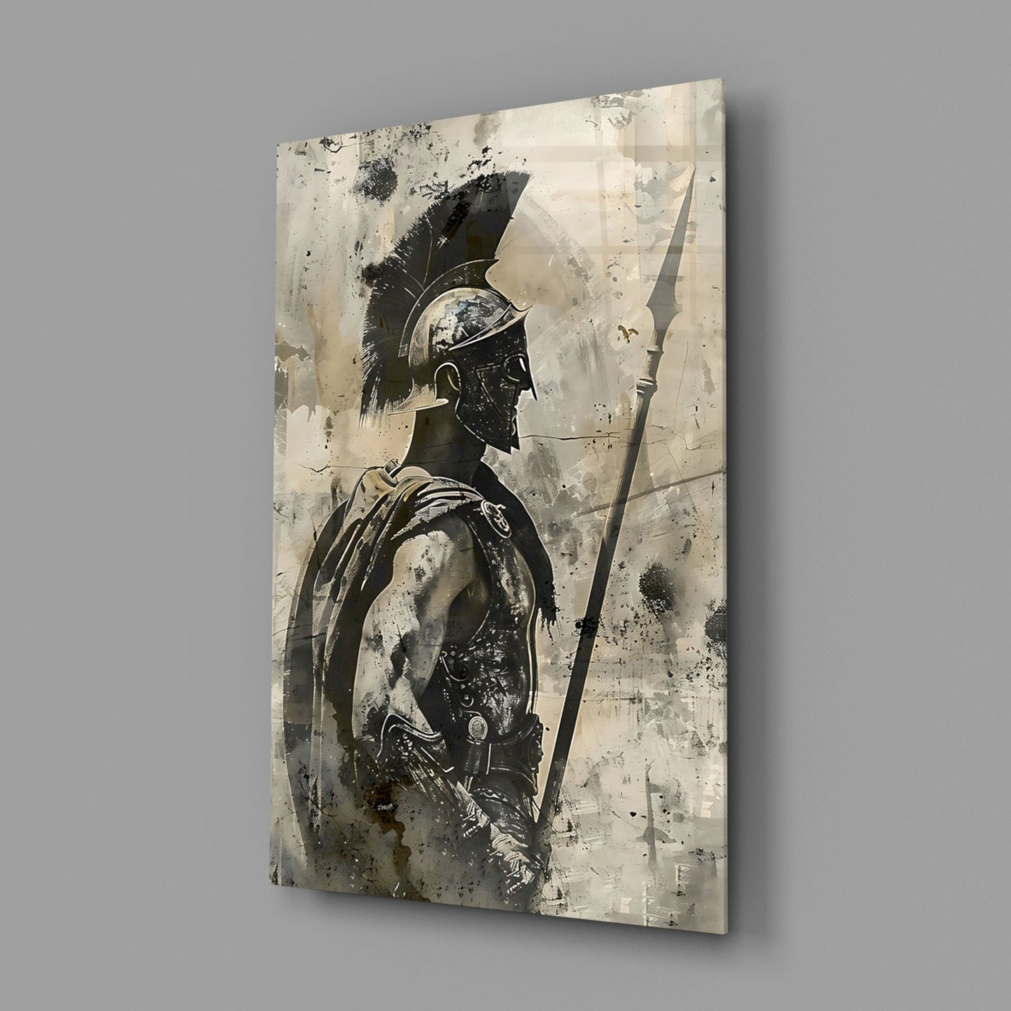 Sepia Spartan With Spear Glass Wall Art