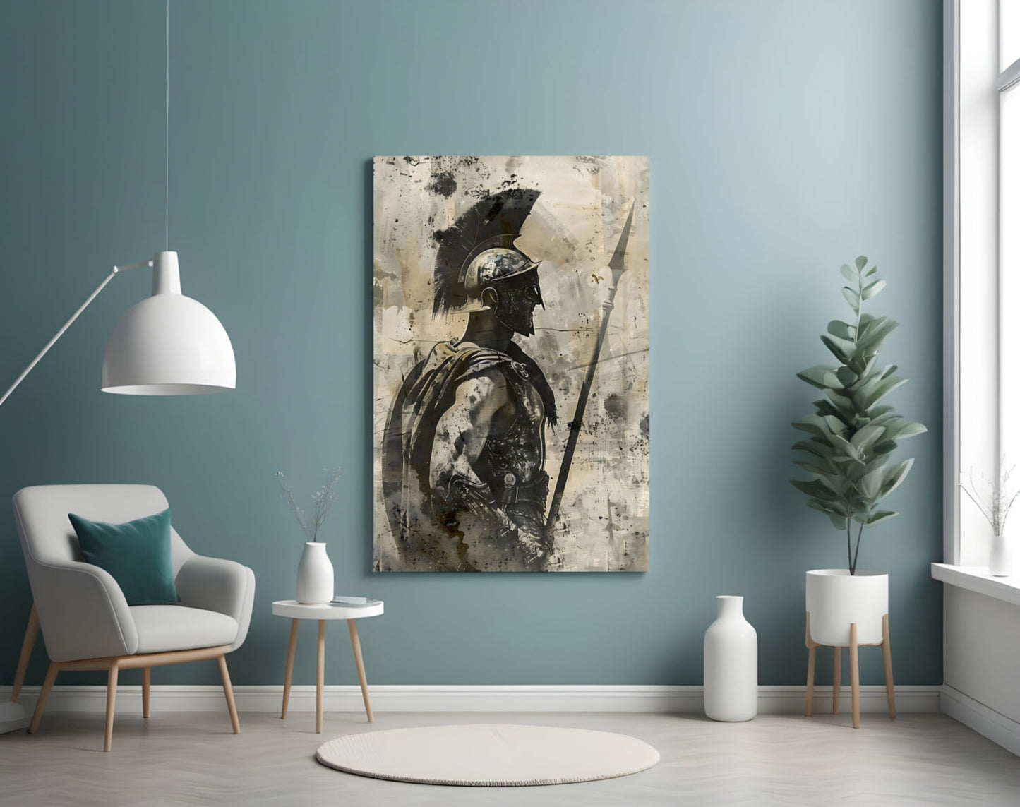 Sepia Spartan With Spear Glass Wall Art