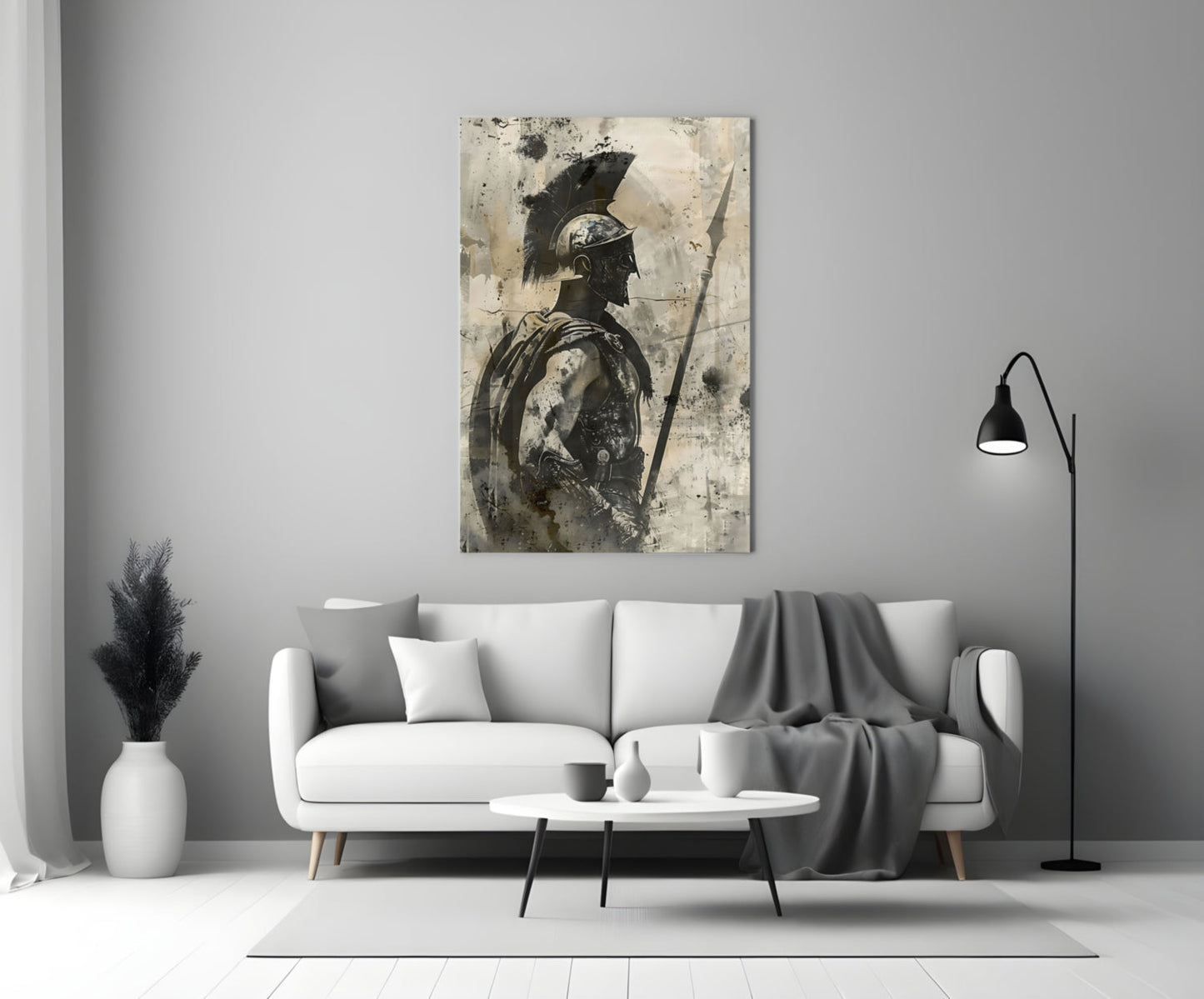 Sepia Spartan With Spear Glass Wall Art