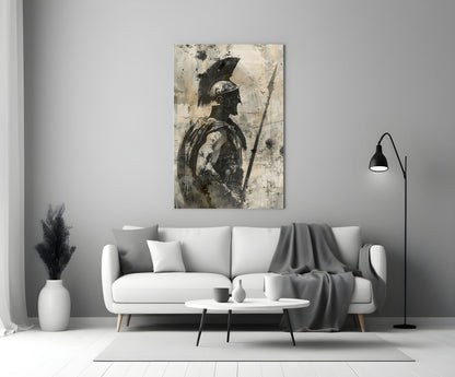 Sepia Spartan With Spear Glass Wall Art