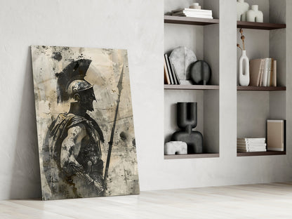 Sepia Spartan With Spear Glass Wall Art
