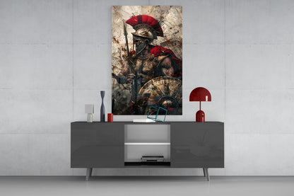 Red Crest Gladiator Shield Glass Wall Art