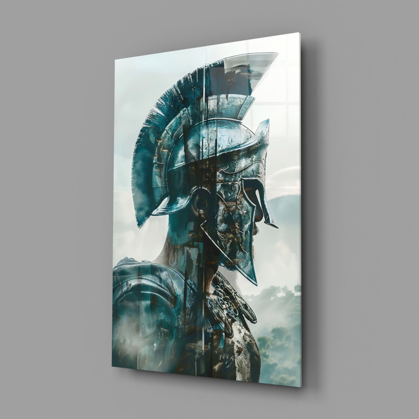 Teal Spartan Helmet Profile Glass Wall Art
