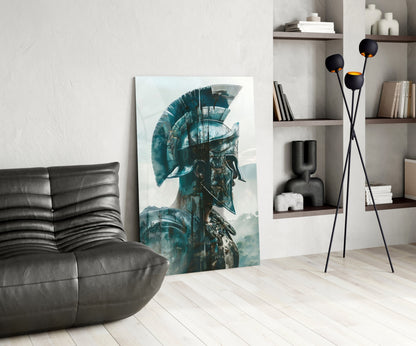 Teal Spartan Helmet Profile Glass Wall Art