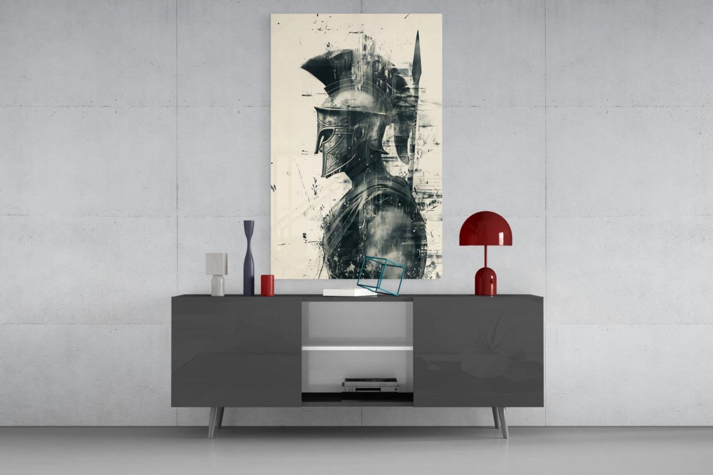 Monochrome Ink Spartan Helmet Glass Wall Art