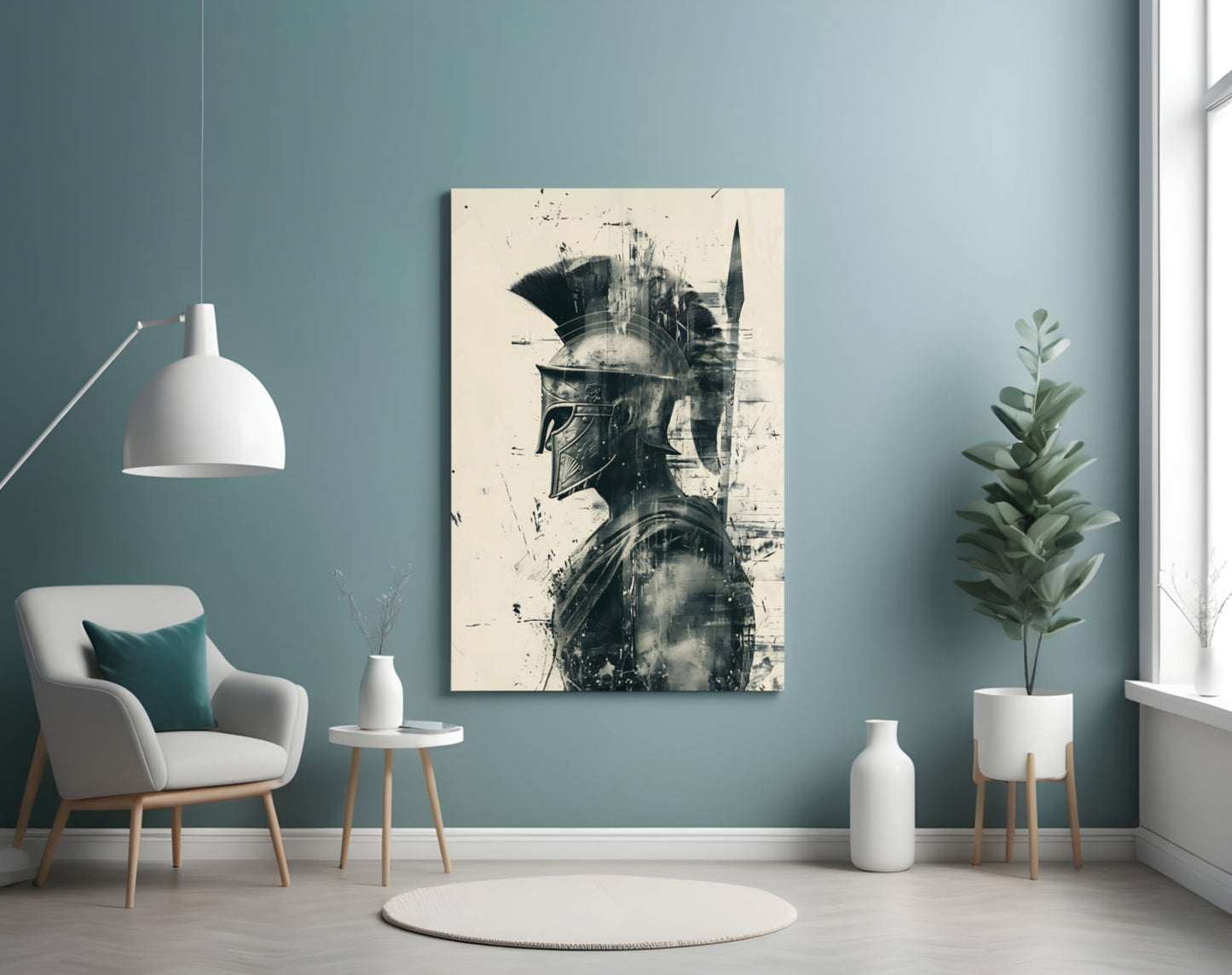 Monochrome Ink Spartan Helmet Glass Wall Art