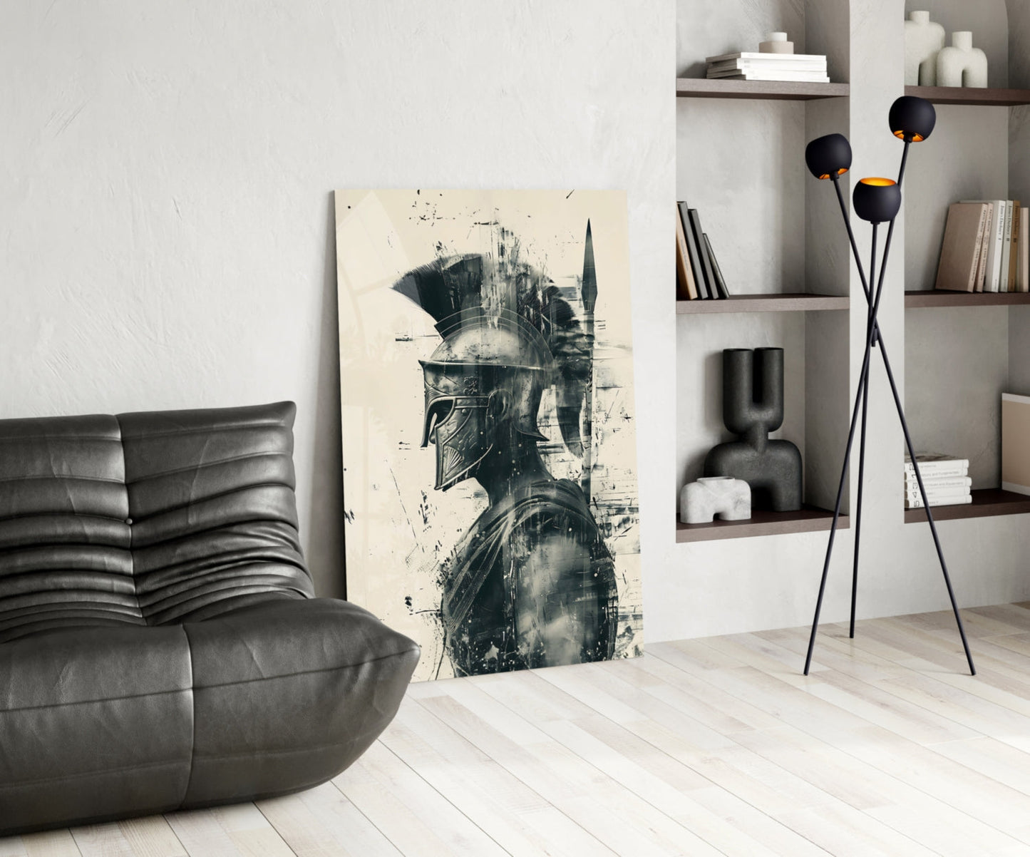 Monochrome Ink Spartan Helmet Glass Wall Art