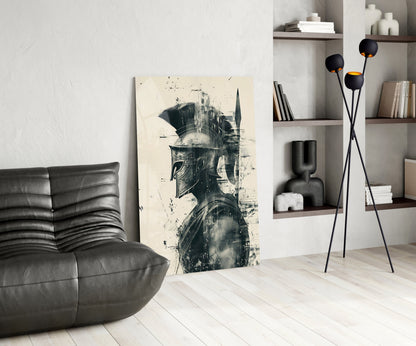 Monochrome Ink Spartan Helmet Glass Wall Art
