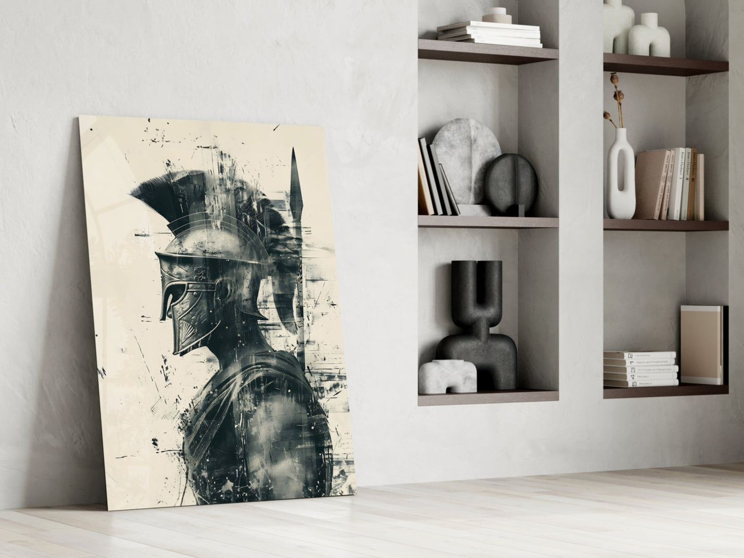 Monochrome Ink Spartan Helmet Glass Wall Art