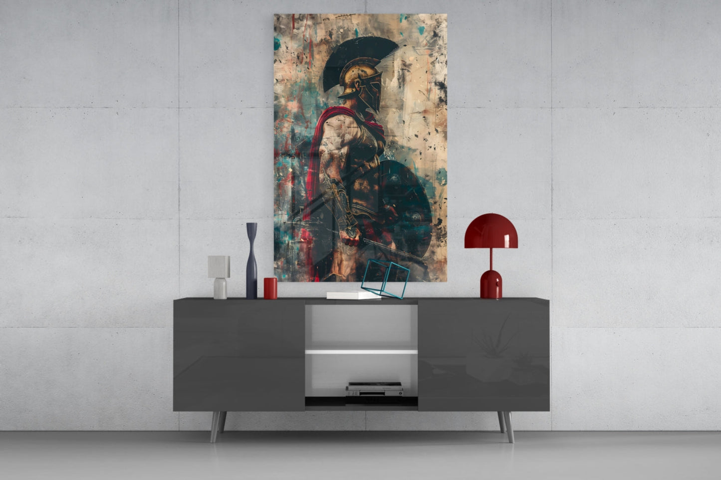 Red Caped Spartan Profile Glass Wall Art