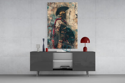 Red Caped Spartan Profile Glass Wall Art