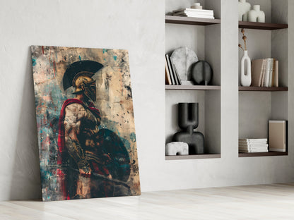 Red Caped Spartan Profile Glass Wall Art