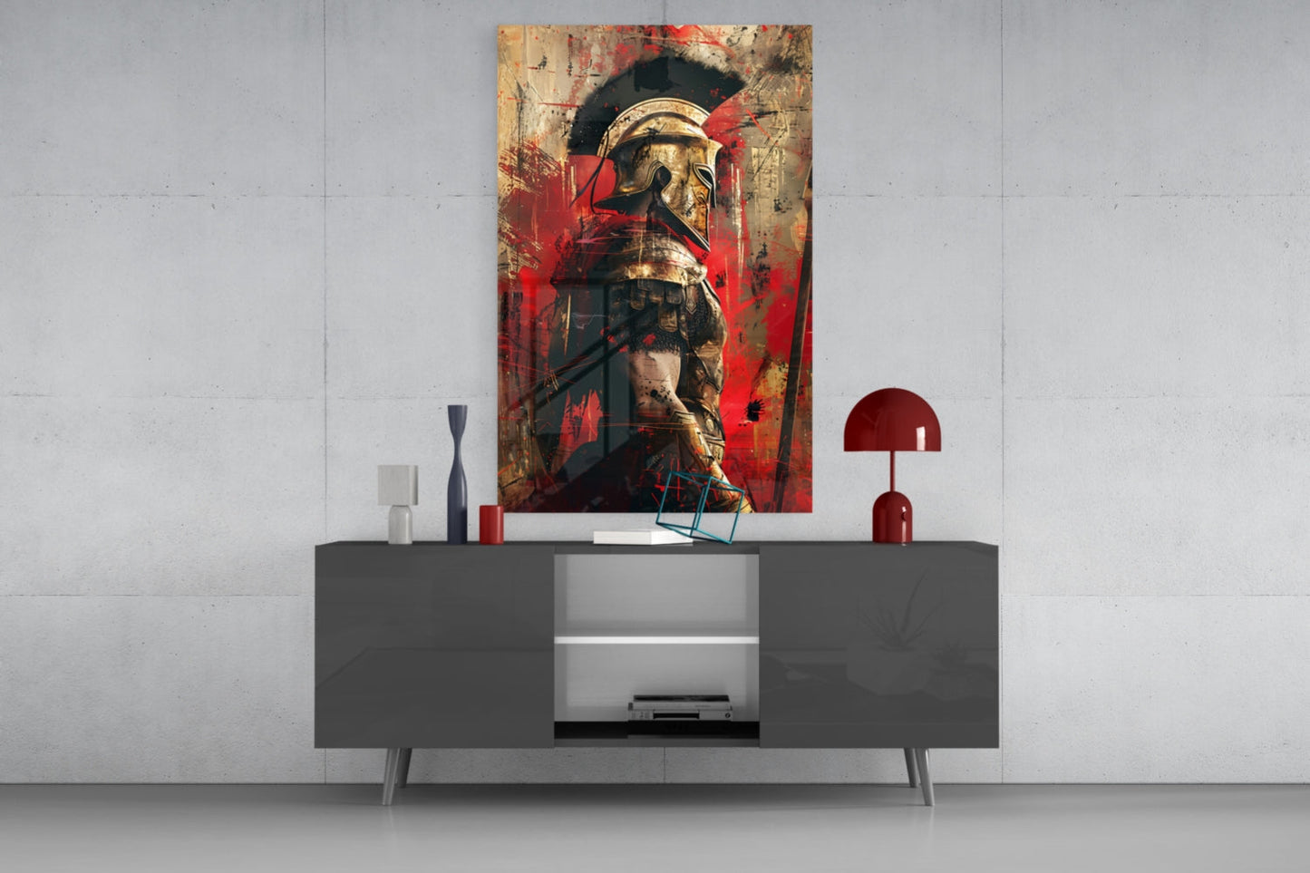 Crimson Splatter Gladiator Glass Wall Art