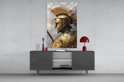 Golden Spartan Helmet Clouds Glass Wall Art