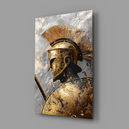 Golden Spartan Helmet Clouds Glass Wall Art