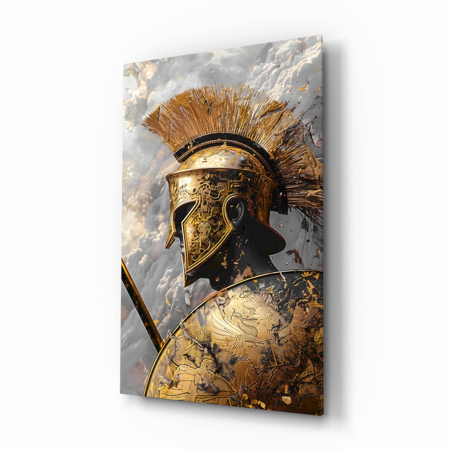 Golden Spartan Helmet Clouds Glass Wall Art