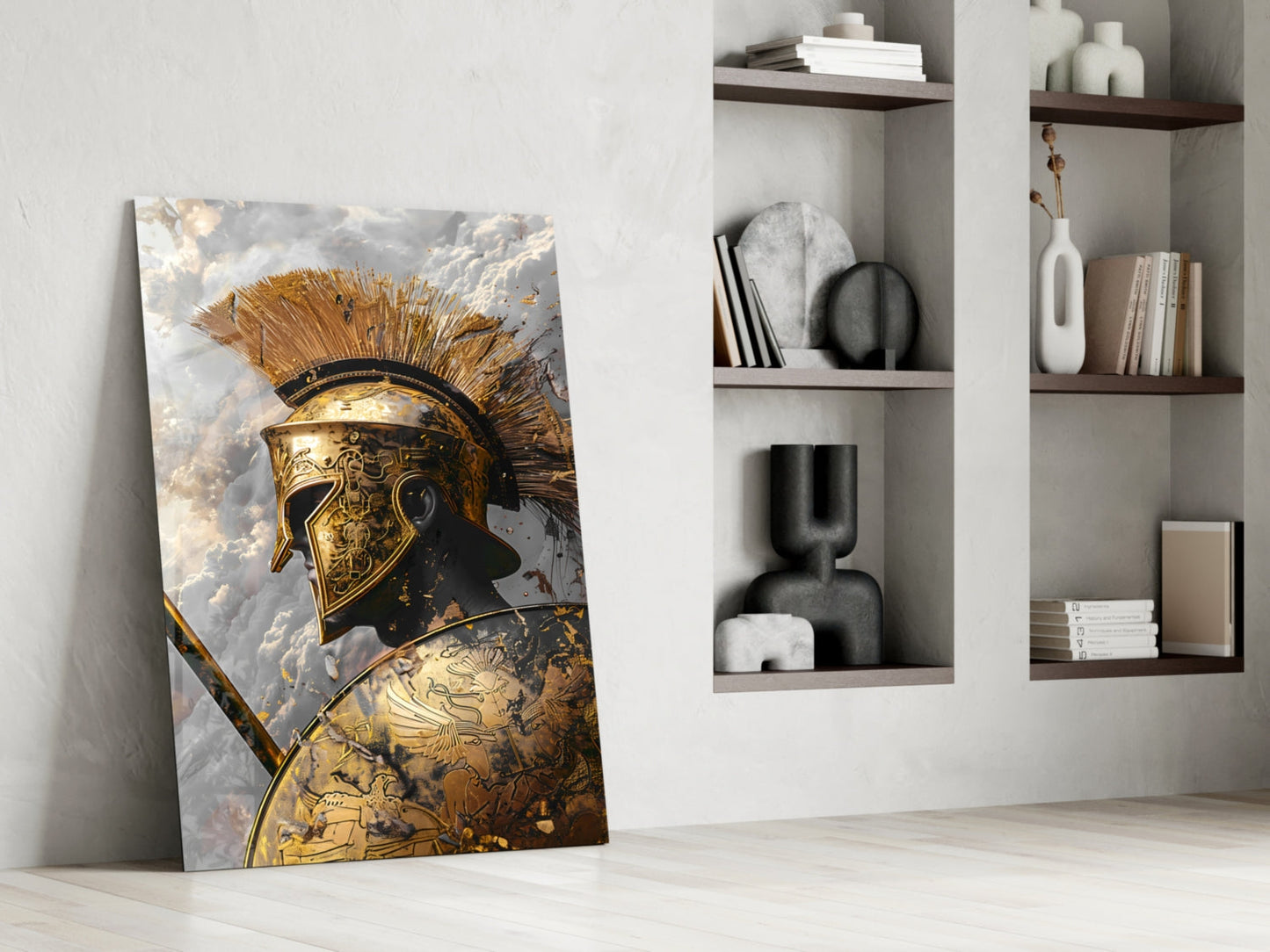 Golden Spartan Helmet Clouds Glass Wall Art