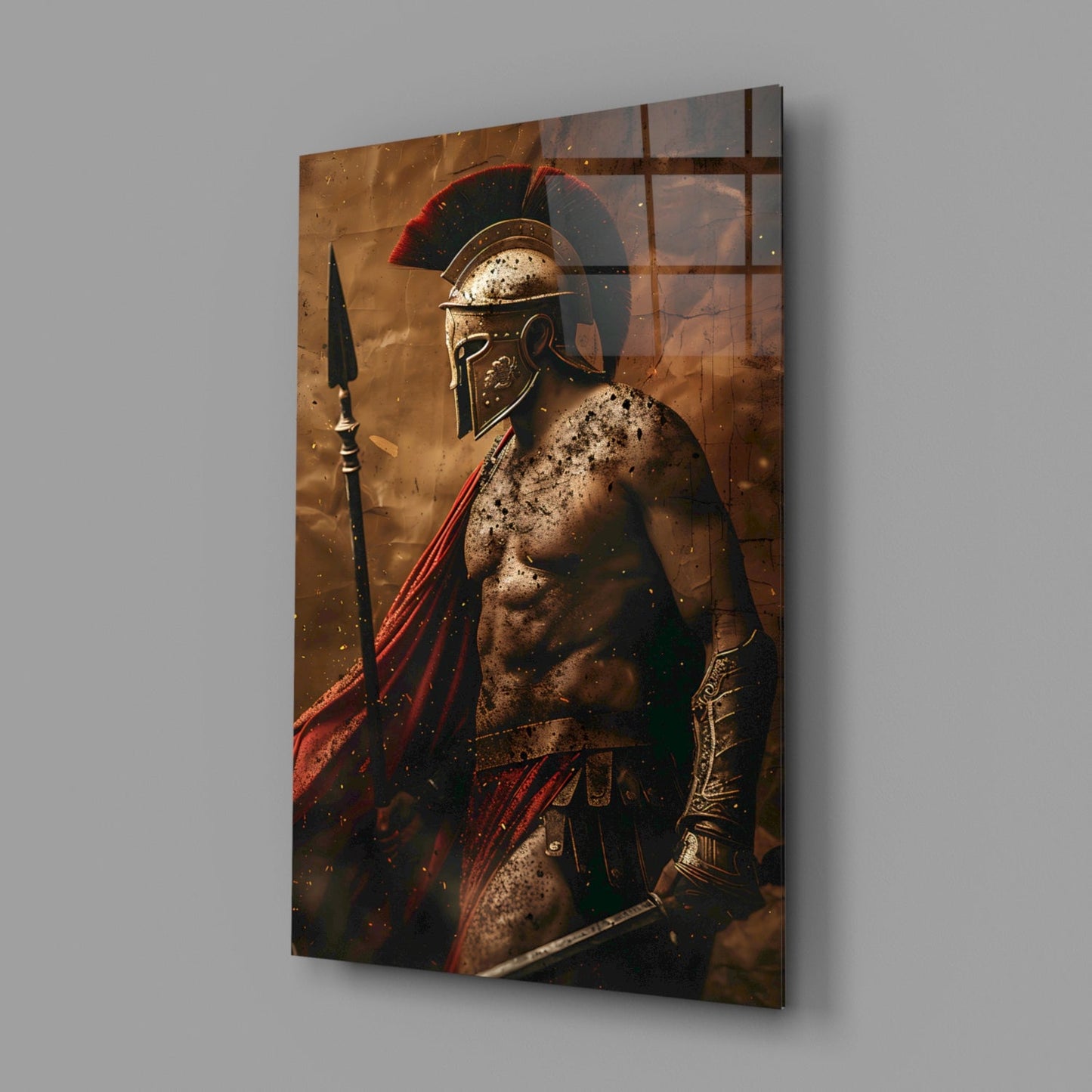 Bare Chested Spartan Spear Glass Wall Art