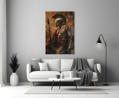 Bare Chested Spartan Spear Glass Wall Art
