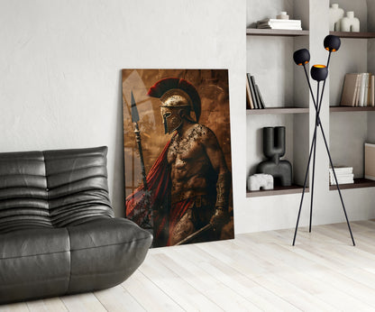 Bare Chested Spartan Spear Glass Wall Art