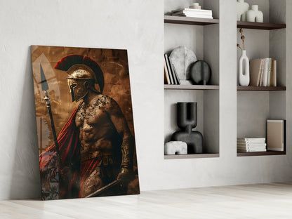 Bare Chested Spartan Spear Glass Wall Art