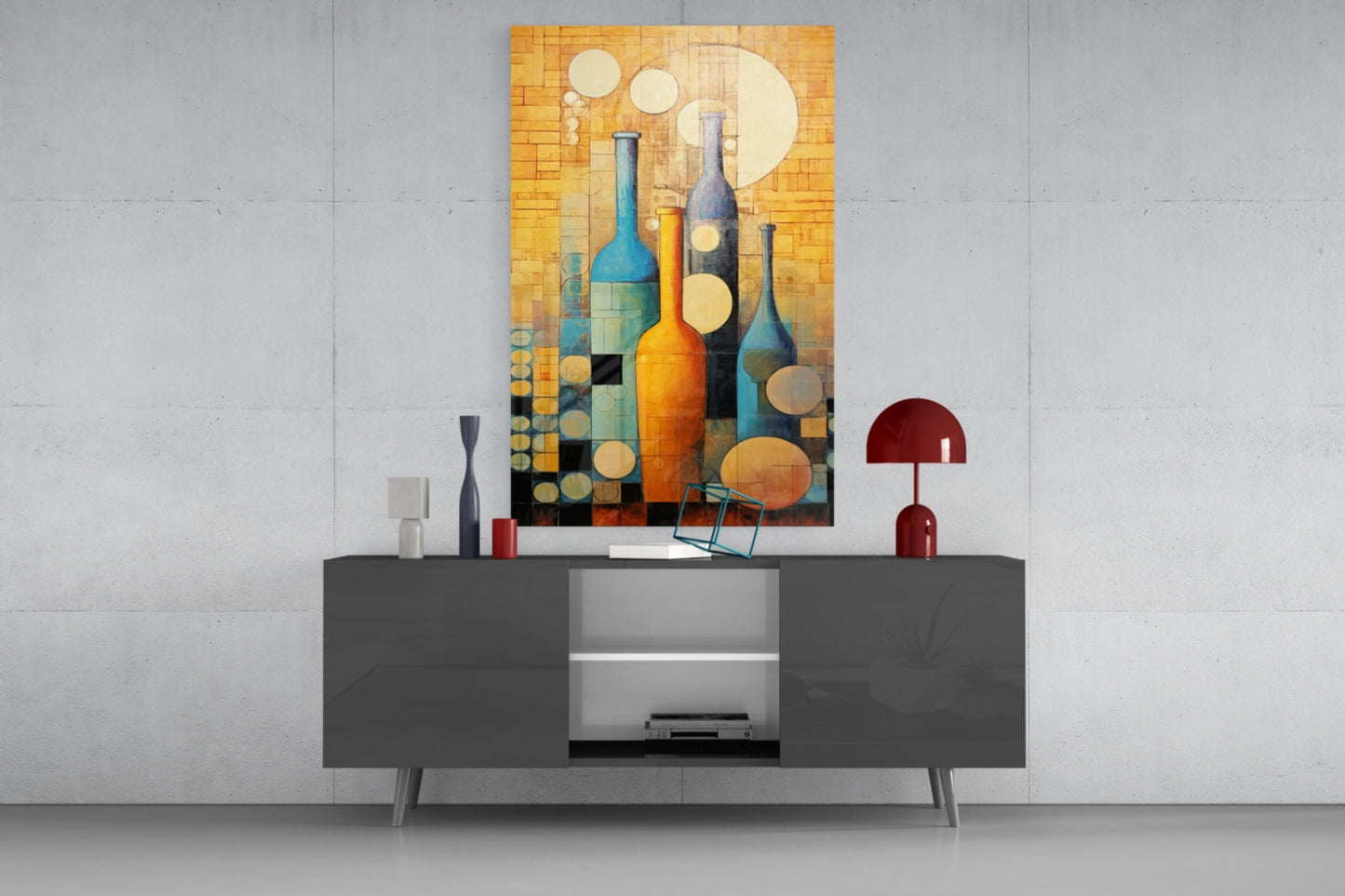Colorful abstract wine bottle artwork displayed above a dark gray sideboard with red lamp and decorative accessories.