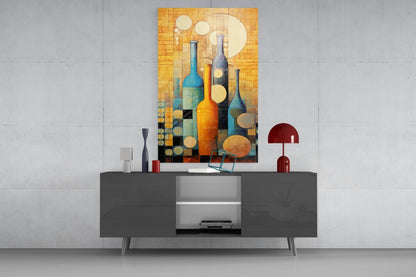 Colorful abstract wine bottle artwork displayed above a dark gray sideboard with red lamp and decorative accessories.