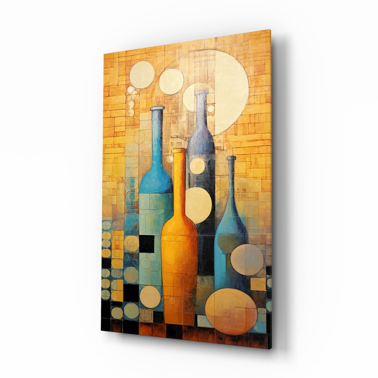 Three colorful wine bottles in blue, orange, and dark tones with cream circles on a geometric gold and black tiled background, displayed at an angle.