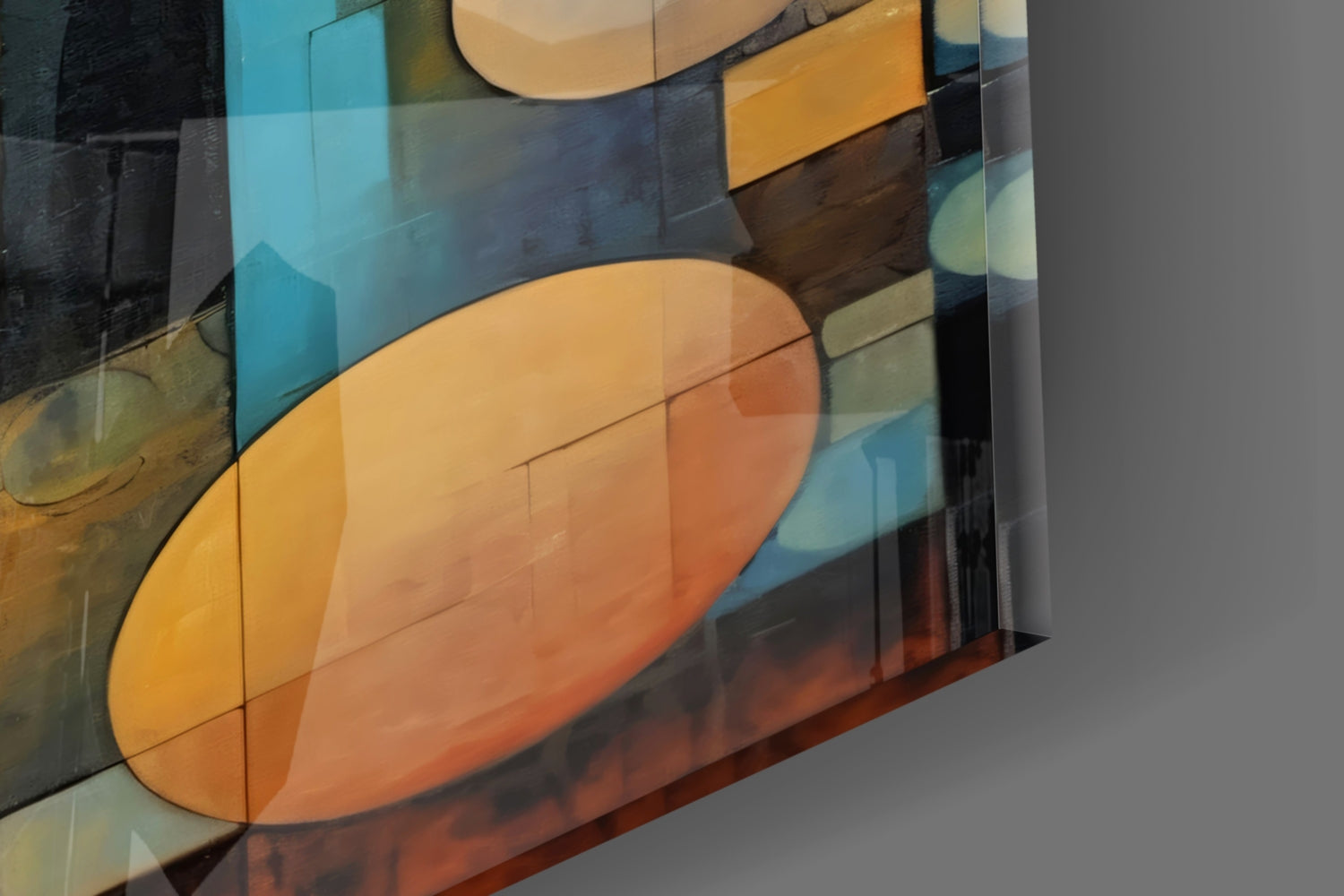 Colorful glass wall art panel featuring overlapping translucent orange, blue, and amber geometric shapes with curved edges.