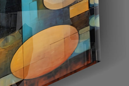 Colorful glass wall art panel featuring overlapping translucent orange, blue, and amber geometric shapes with curved edges.