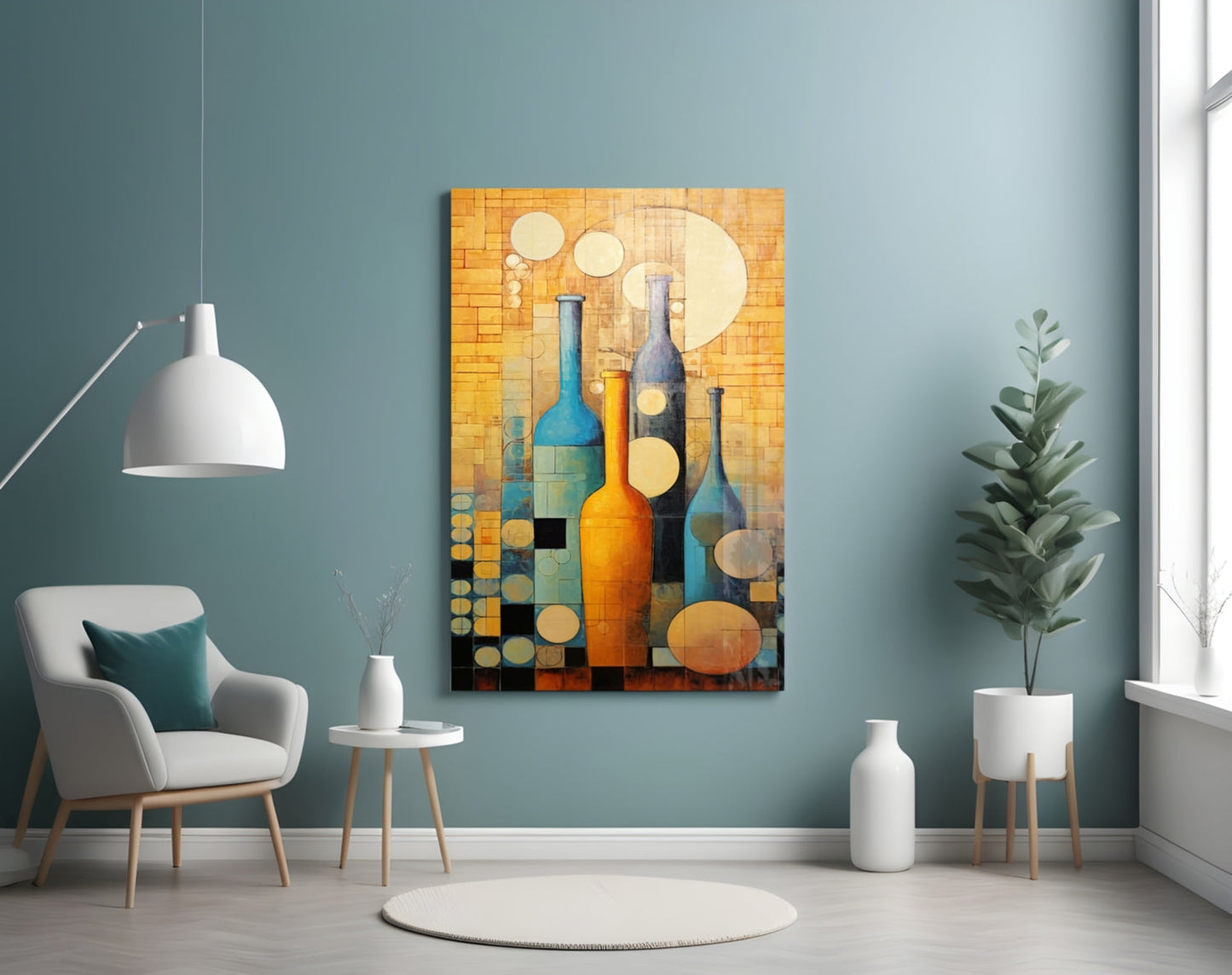 Abstract geometric wine bottles artwork displayed on turquoise wall above modern furniture and potted plant.
